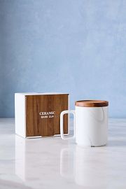 TAZA DE CERAMIA BLANCA TAPA DE ACACIA 8.5x10CM